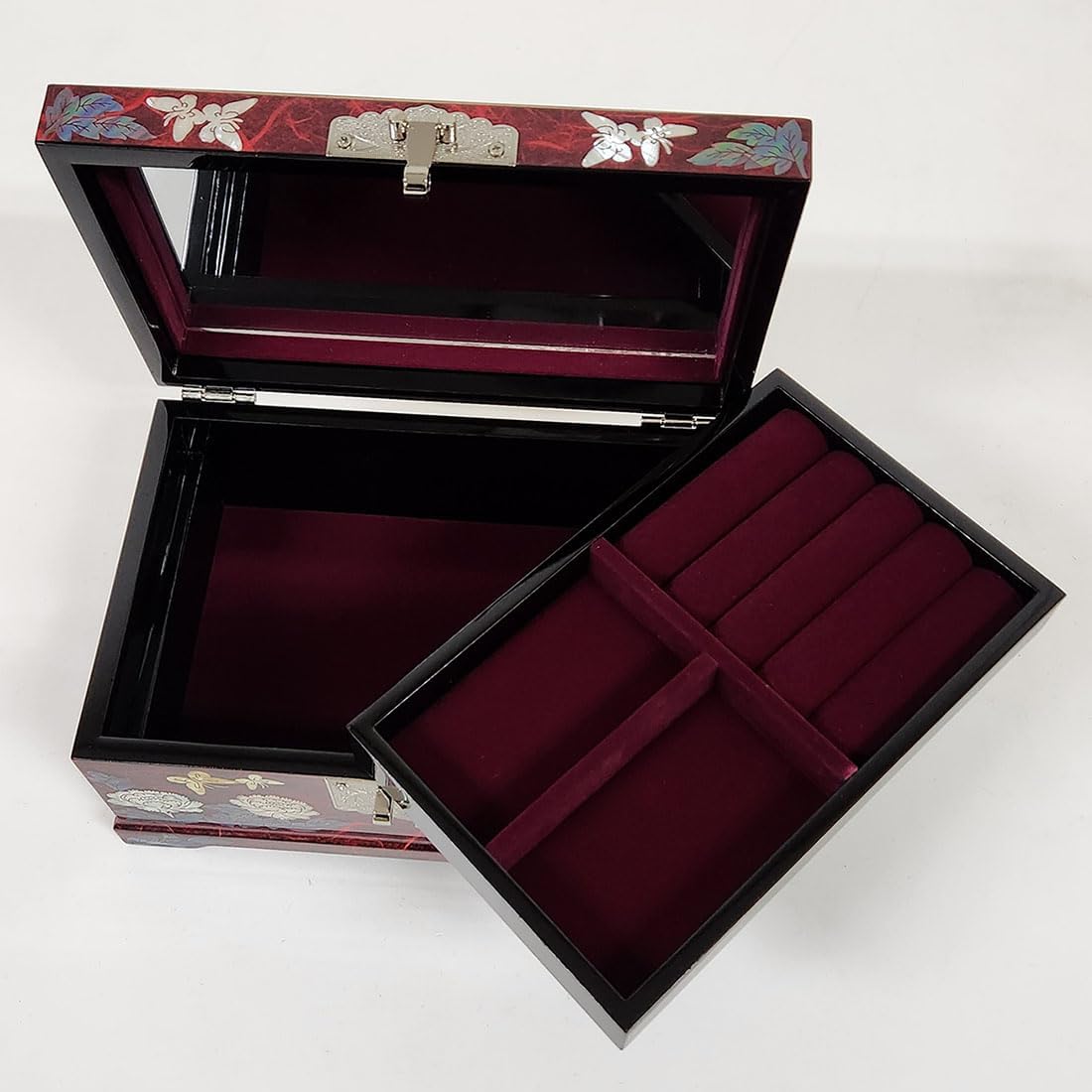 Antique Alive Mother of Pearl Inlay Design Jewelry Box, Wood Jewelry Box, Trinket Case, Keepsake Treasure Chest Box Organizer Holder (Peony Flower)