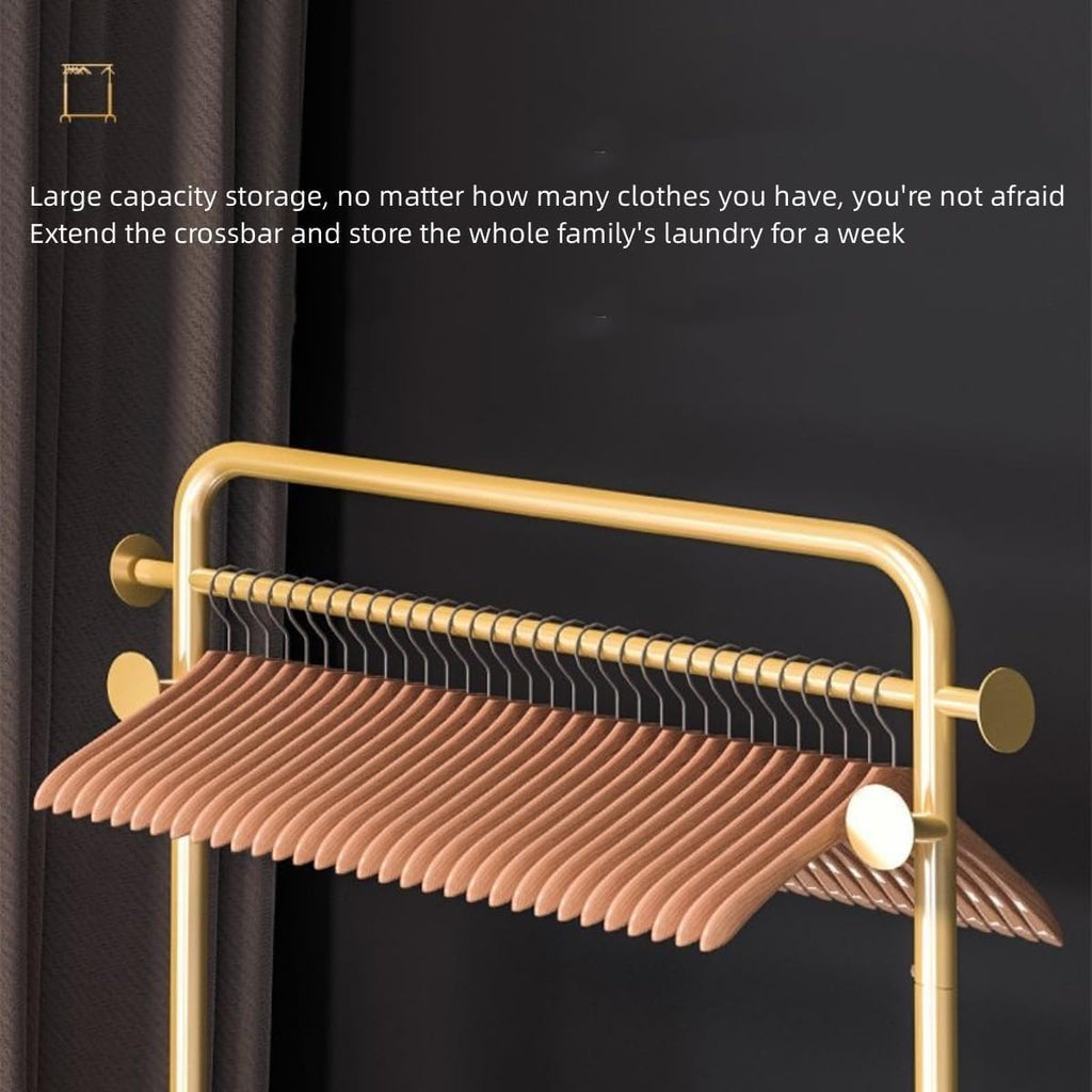 Clothes Rack Gold,Freestanding Coat Rack Modern Rolling Garment Rack with Wheels and Bottom Shelves,Metal Tree Hat Coat Hanger Floor Free Standing Wall Bedroom Easy Assembly (golden,80cm)