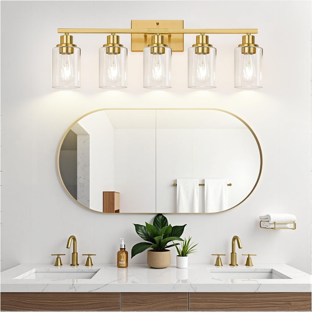 Indoi 5-Light Bathroom Vanity Light with Clear Glass Shades, Brushed Gold Bathroom Light Fixtures Over Mirror, Modern Vanity Light for Mirror Living Room Cabinet Bedroom Porch