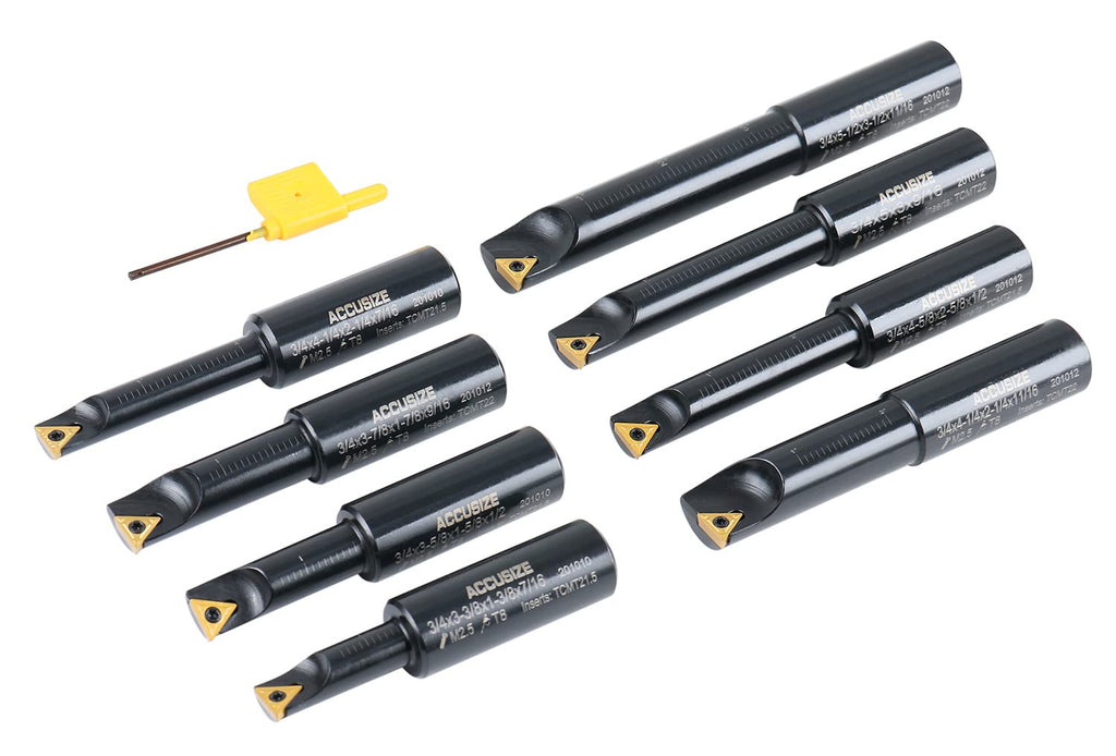 Accusize Industrial Tools Round Shank Indexable Boring Bar, 3/4 in | 8-Piece Set with TCMT 21.5 and TCMT 22 Carbide Inserts, 90 Degree, Bore Depth 1-3/8 in to 3-1/2 in, 2627-9108