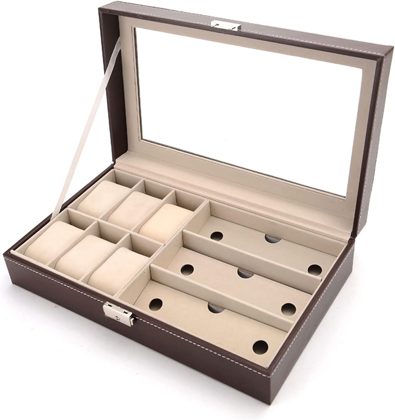 Glasses Stand Leather 6 Watch Box Jewelry Case and 3 Piece Eyeglasses Storage and Multi Sunglass Glasses Display Case Organizer for Women Men Eyewear Display Stand (Color : Brown)