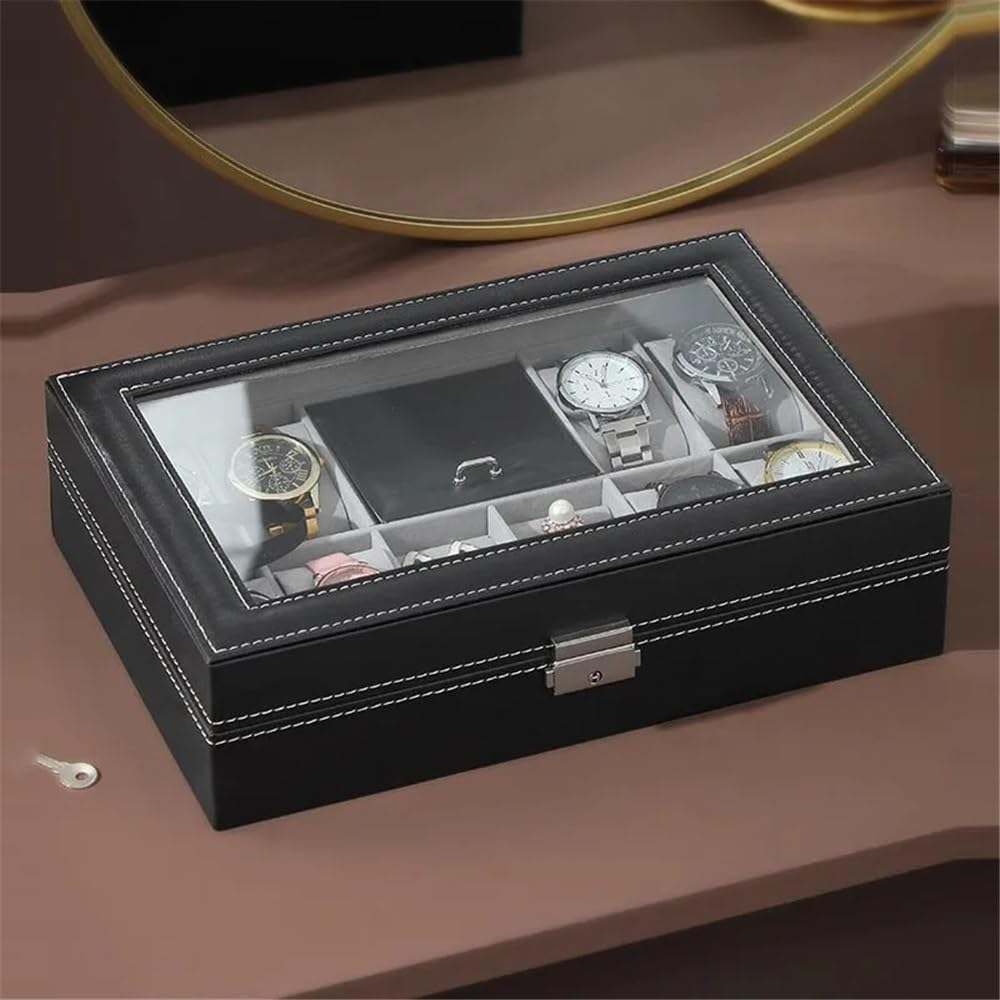Glasses Stand Watch Box, 8 Jewelry Box Watch Display Case Organizer Jewelry Storage Box Black PU Leather with Mirror and Lock Eyewear Display Stand