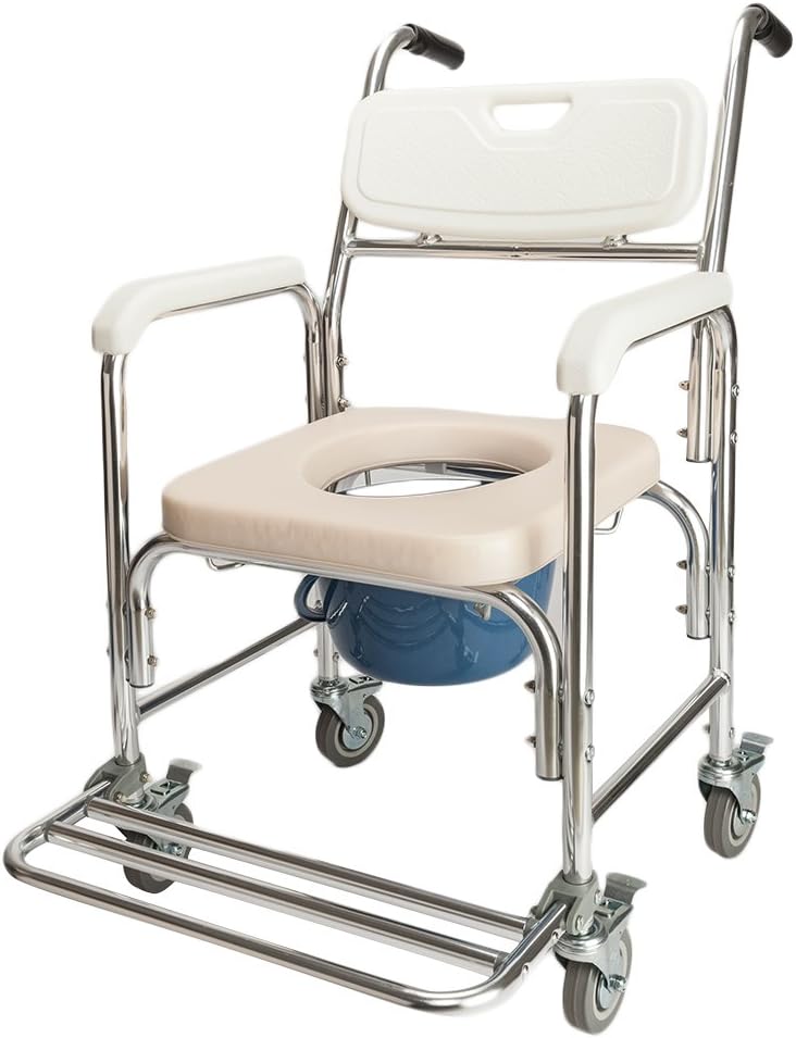 Multifunctional Transport Wheelchair, Aluminum Bathroom Shower Chair,Pregnant Women Commode Chair Bath Chair,Bedside Toilet Seat, for Handicap, Seniors and Pregnant Women,White