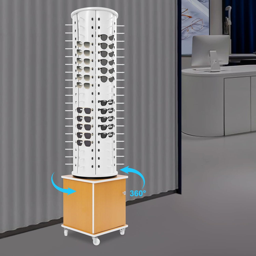Glasses Display Stand, 114-Pair Eyewear Storage Rack for Sunglasses & Reading Glasses, 360°Swivel Commercial Eyeglass Organizer for Optical Shop, Jewelry Store, Retail Display (White+Yellow)