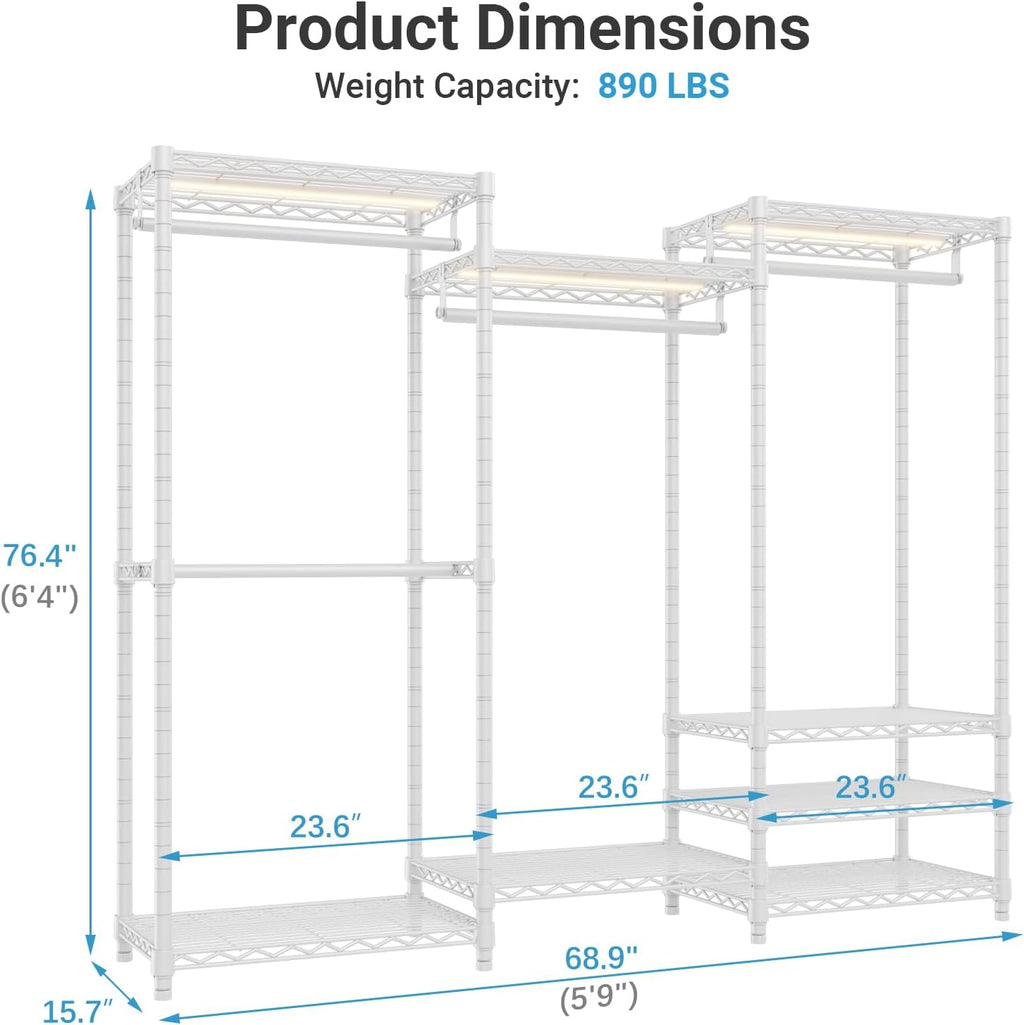 VIPEK V5LC Garment Rack Heavy Duty Covered with Dimmable LED Light, 3000K Warm White, Portable Closet Wardrobe Freestanding for Hanging Clothes, with Black Cover