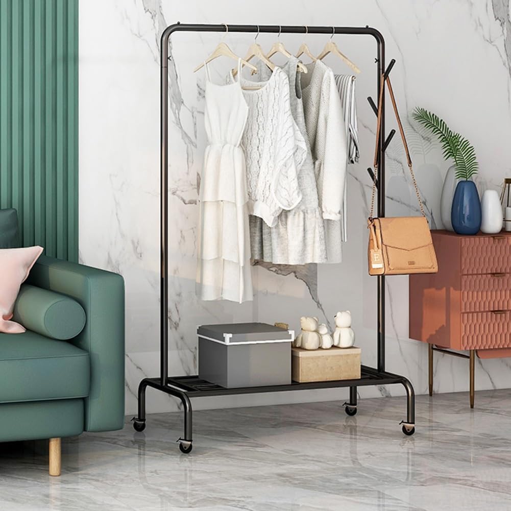 Heavy-Duty Rolling Garment Rack with Wheels, Side Hooks & Storage Shelf, High Capacity Organizer for Bedroom & Laundry Room