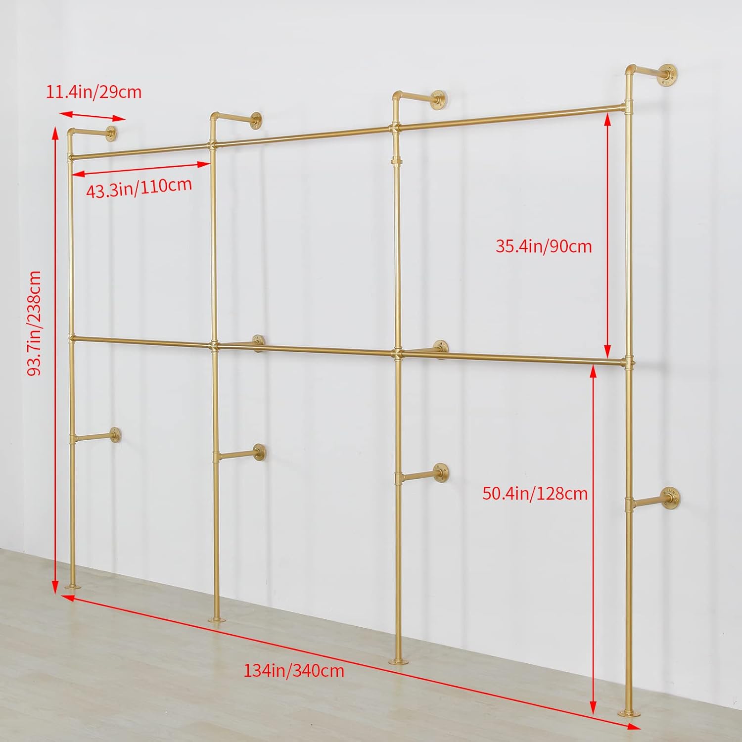 Wall Mounted Industrial Pipe Clothing Garment Racks, Metal Clothing Store Display Stands Clothes Rack Multi-purpose Heavy Duty Hanging Rod for Closet Storage, 134in Gold
