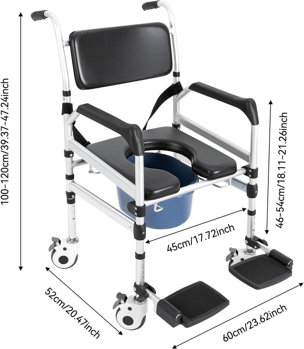 Shower Chair, Rolling Shower Chair with Handles Arms, Bedside Commode Chair with Wheel, Wheelchair for Elderly Disable,Heavy Duty Raised Toilet Seat Riser for Adults