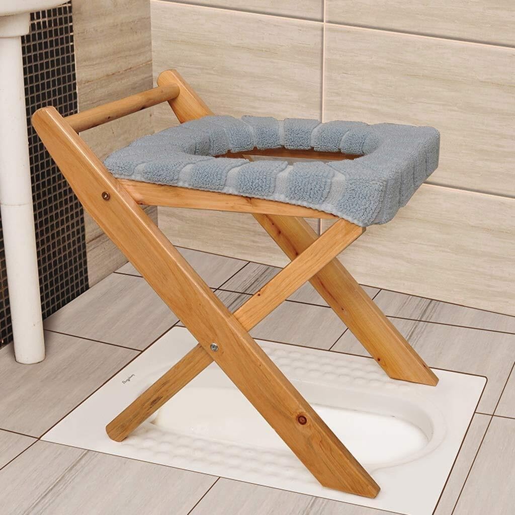 Folding Wooden Toilet Commode Chair with Bucket – Portable Bedside Potty & Shower Seat for Seniors Disabled Pregnant Women Easy to Clean Sturdy Comfortable
