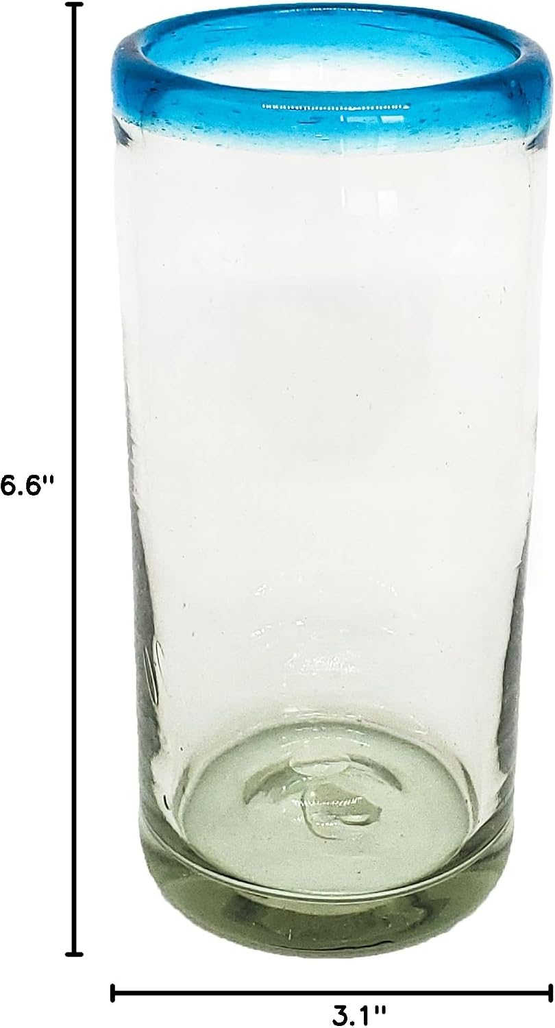Aqua Blue Rim 20 oz Tall Iced Tea Glasses (set of 6) Mexican Handmade Glassware, Recycled Glass, Lead-free, Toxin-Free (Tall Iced Tea)