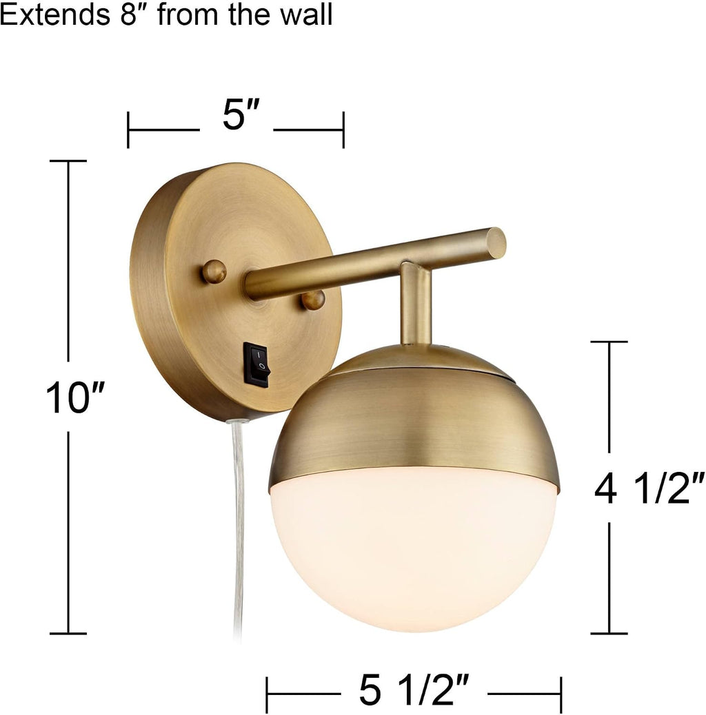 360 Lighting Luna Mid Century Modern Wall Lamps Set of 2 Brass Metal Plug-in 5 1/2' Fixture Frosted Glass Sphere Shade for Bedroom Bedside House Reading Living Room Home Hallway Dining