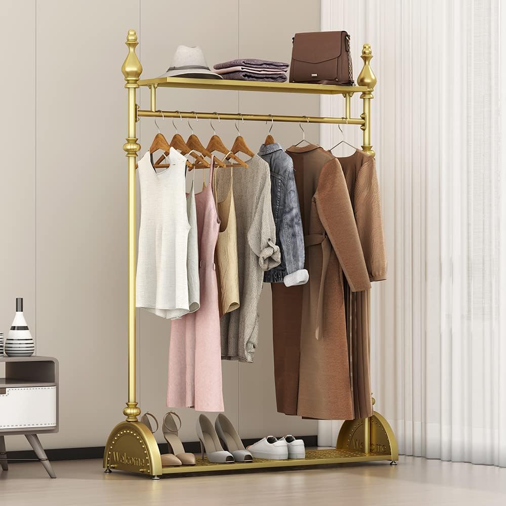 Clothing Rack Gold, Industrial Clothes Rack with Double Shelves Freestanding Multi-functional Heavy Duty Garment Rack, Metal Coat Rack Organizer for Bedroom Entryway Closet Shoes (59'' L)
