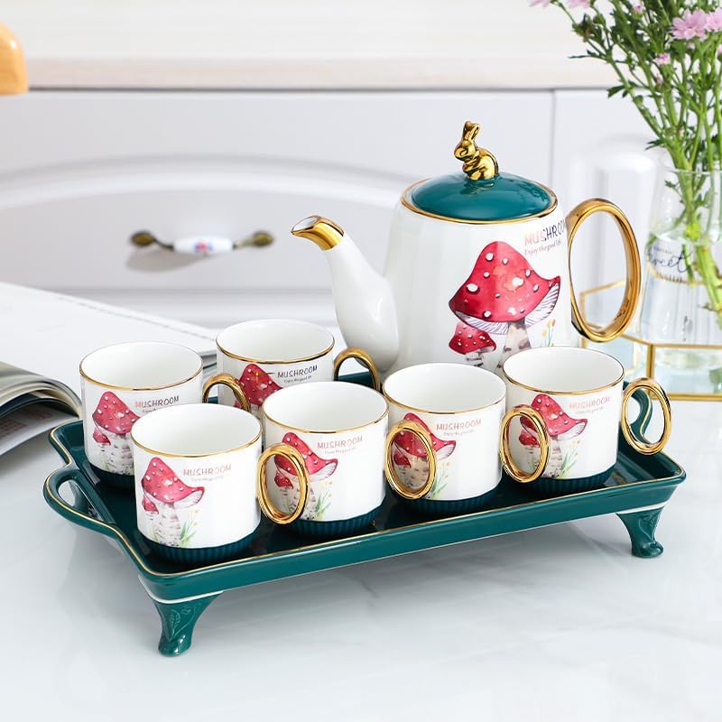 Beverage Serveware Nordic style large-capacity ceramic cold kettle home coffee milk tea juice white open cold kettle cup water set Water Carafe(Red)