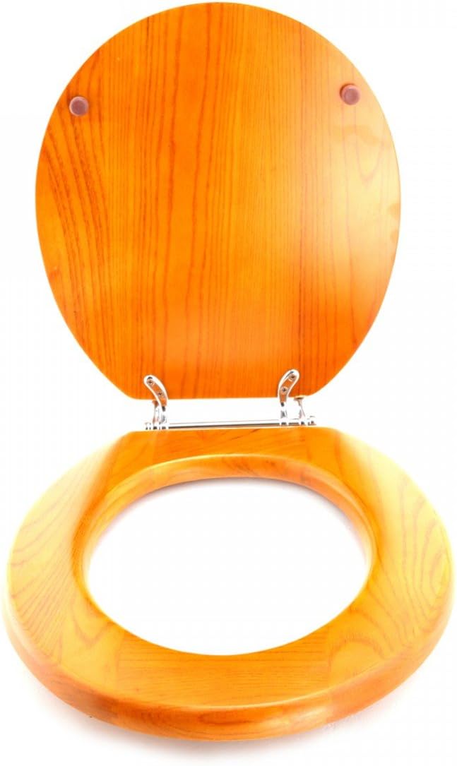 Renovators Supply Manufacturing™ Light Oak Wooden Round Toilet Seat with Chrome Hinges & Stabilizers – Solid Hardwood, Durable Cross-Frame Design