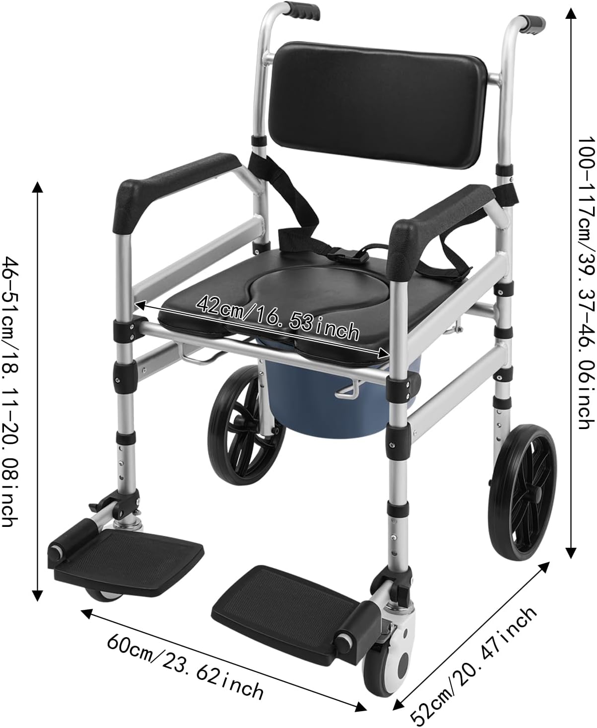 Foldable Shower Chair, Shower Wheelchair with Lockable Wheels Rolling Bedside Commode for Toilet with Height Adjustable & Sponge Padded Seat for Elderly Support 330lbs+Extra Cushion (U-Shape)