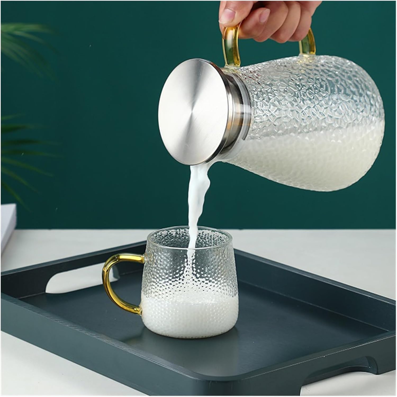 Beverage Serveware Cold kettle glass cold water cup household hammer pattern high temperature resistant teapot large capacity cold kettle set Water Carafe(1800ml)
