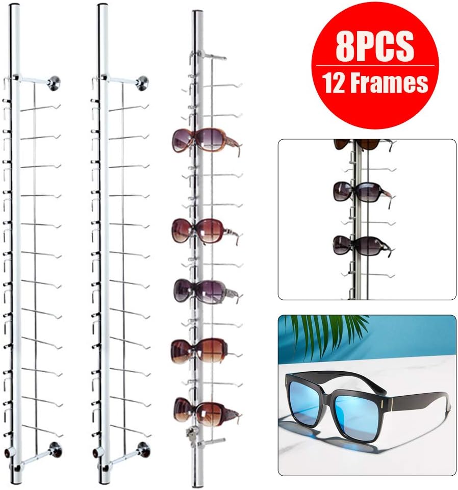 8 Pcs/set Glasses Rack Eyeglass Frame Stand 3.6ft Hold 12 Frames Sunglasses Holder Organizer Storage Eyewear Glasses Display Stand Column Decorative Display Rod with Lock
