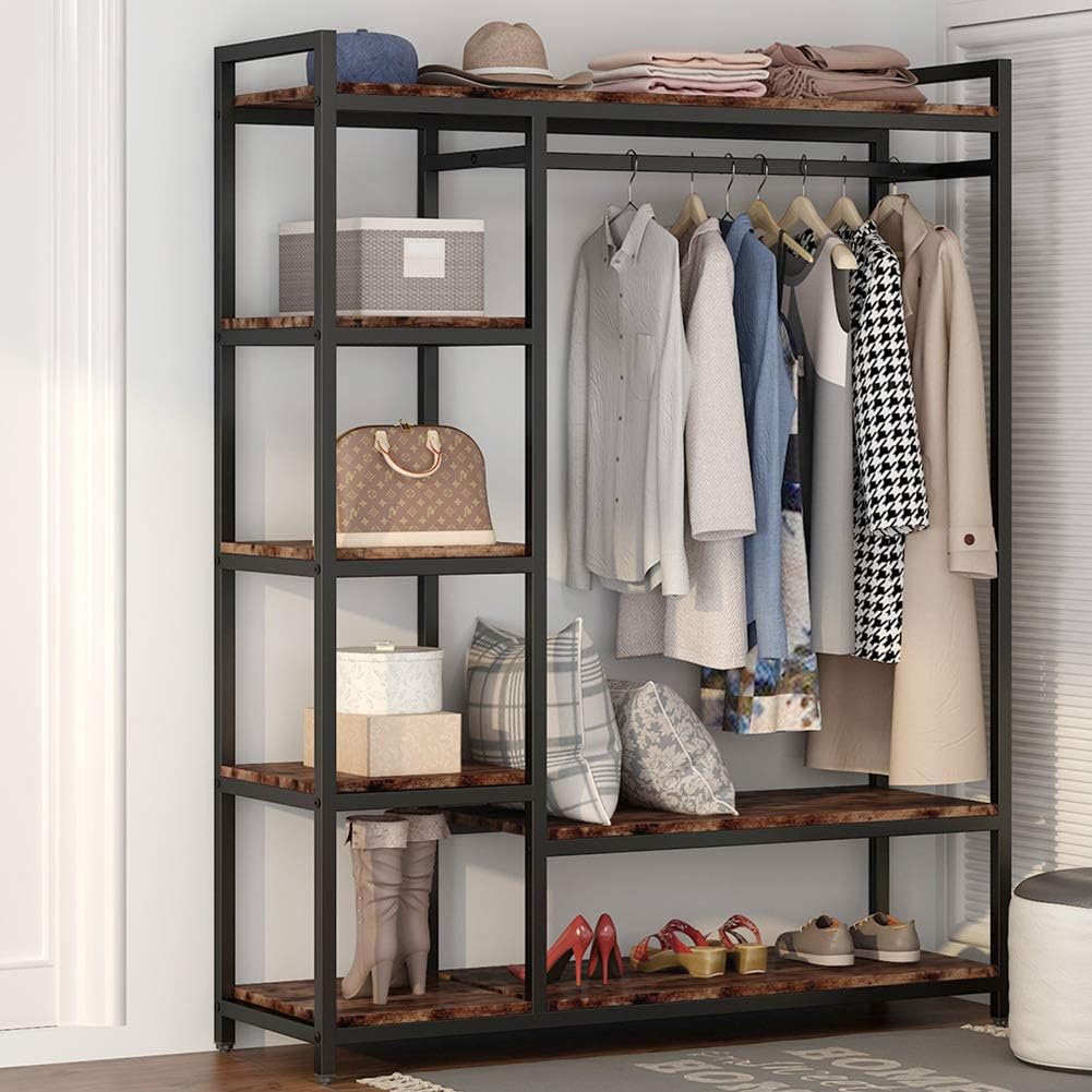 LITTLE TREE Free Standing Wood Closet Clothes Rack,Heavy Duty Grament Rack with Shelves,Hanging Racks for Clothes Clothing Rack for Bedrom,Wardrobe Closet Organizer,350 lb Capacity,Rustic