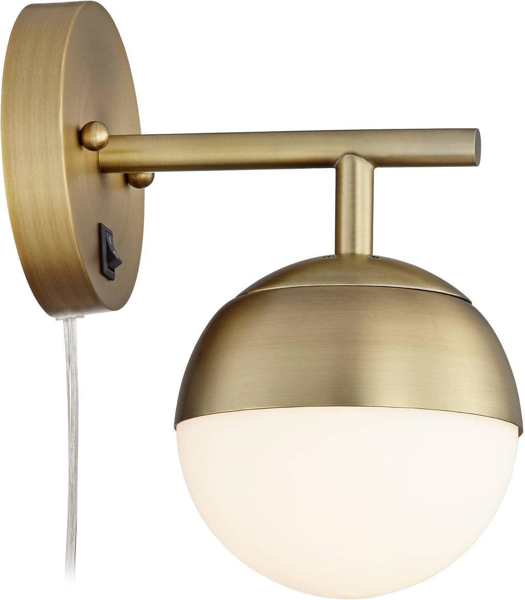 360 Lighting Luna Mid Century Modern Wall Lamps Set of 2 Brass Metal Plug-in 5 1/2' Fixture Frosted Glass Sphere Shade for Bedroom Bedside House Reading Living Room Home Hallway Dining