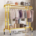 Heavy Duty Metal Clothes Rack, Double Rods Rolling Hanging Clothing Rack, Industrial Pipe Clothes Organizer on Wheels for Home and Retail,Gold,150 * 50 * 150cm