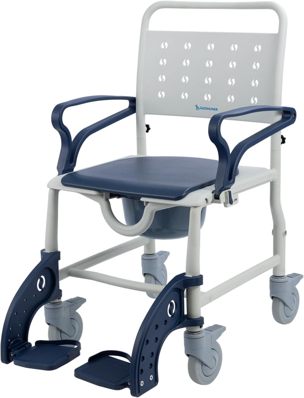 4 in 1 Rolling Shower Chair with Wheels for Elderly and Disabled,Transport Bathroom Shower WheelChairs,with Safety Locking Wheels & Padded Seat, Bedside Commode Chair for Seniors, Blue