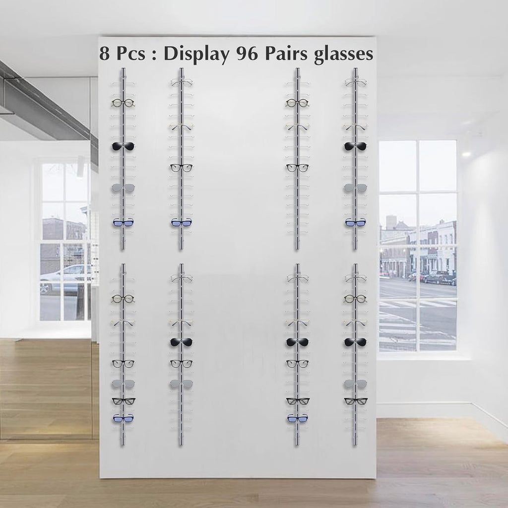 8 Set Retail Display 96 Pairs Glasses Sunglasses, Lockable Wall Mount Eyeglass Sunglasses Display Stand Holder Rack with Lock, Multiple Glasses Organizer Eyewear Display Hanging Sunglass