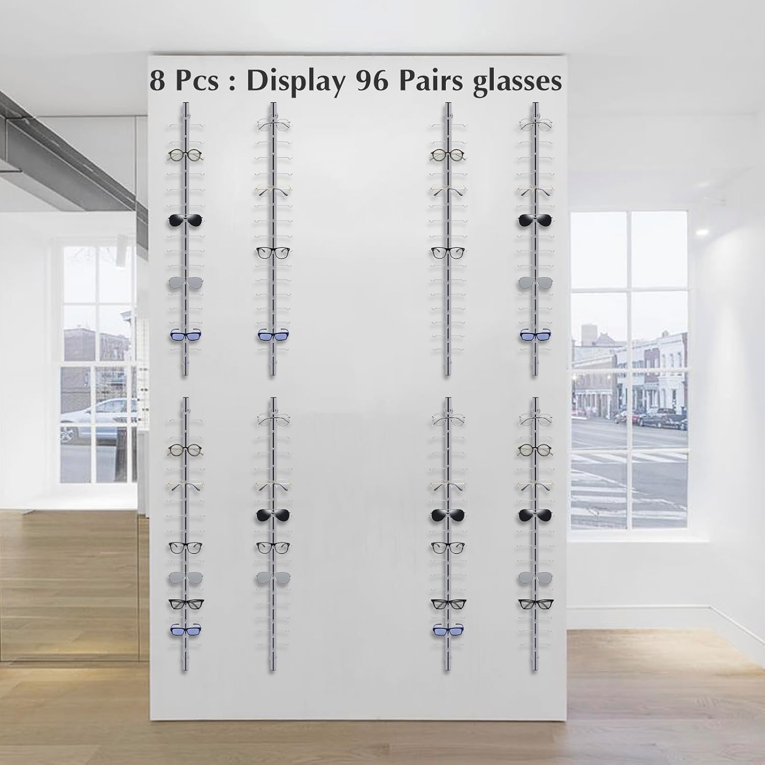 8 Set Retail Display 96 Pairs Glasses Sunglasses, Lockable Wall Mount Eyeglass Sunglasses Display Stand Holder Rack with Lock, Multiple Glasses Organizer Eyewear Display Hanging Sunglass