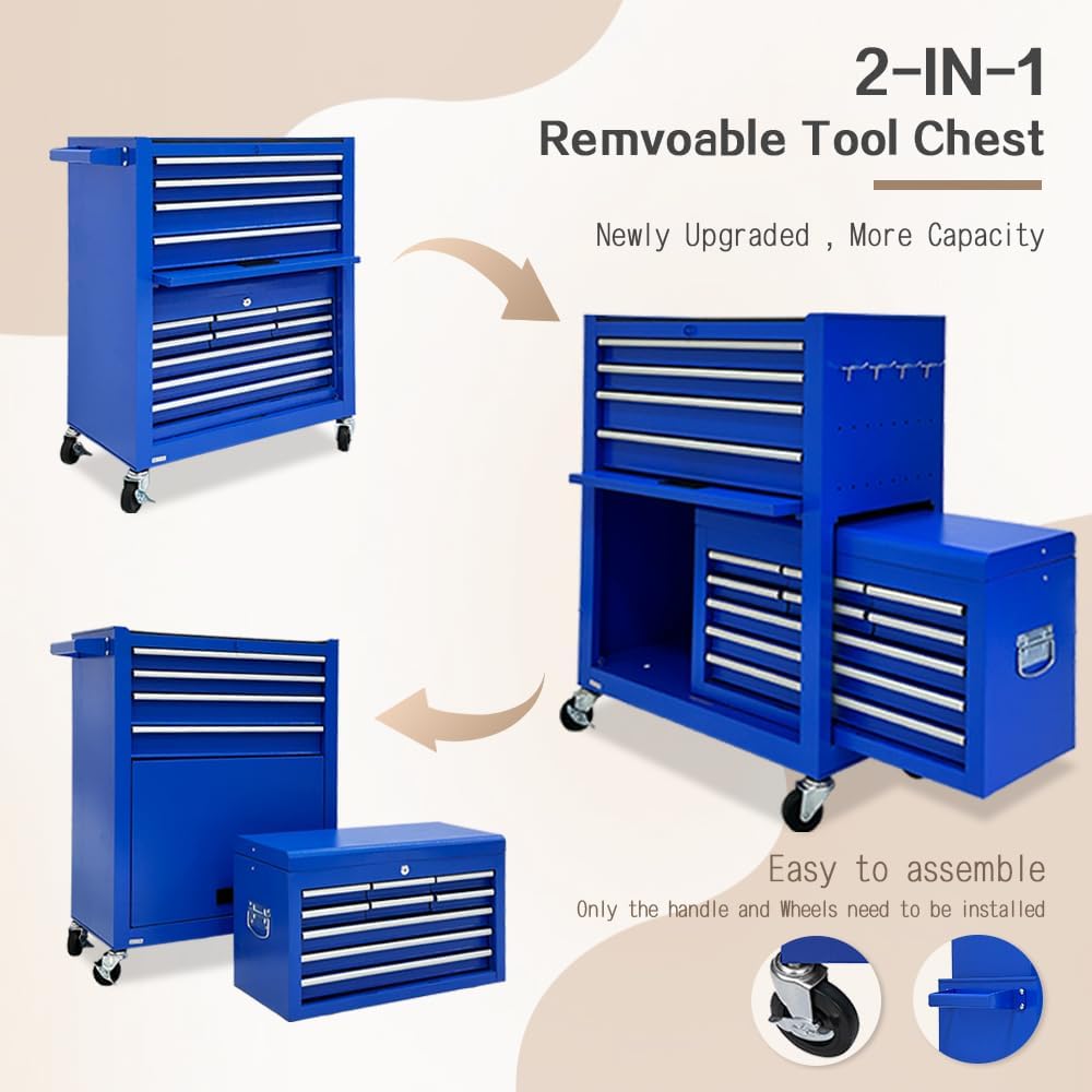 13-Drawer Tool Chest with Tool box and wheels, Large Detachable Toolbox with Sliding Drawers, Mechanic Storage Cabinets, Metal Tool Cart for Garage Workshop (Blue)