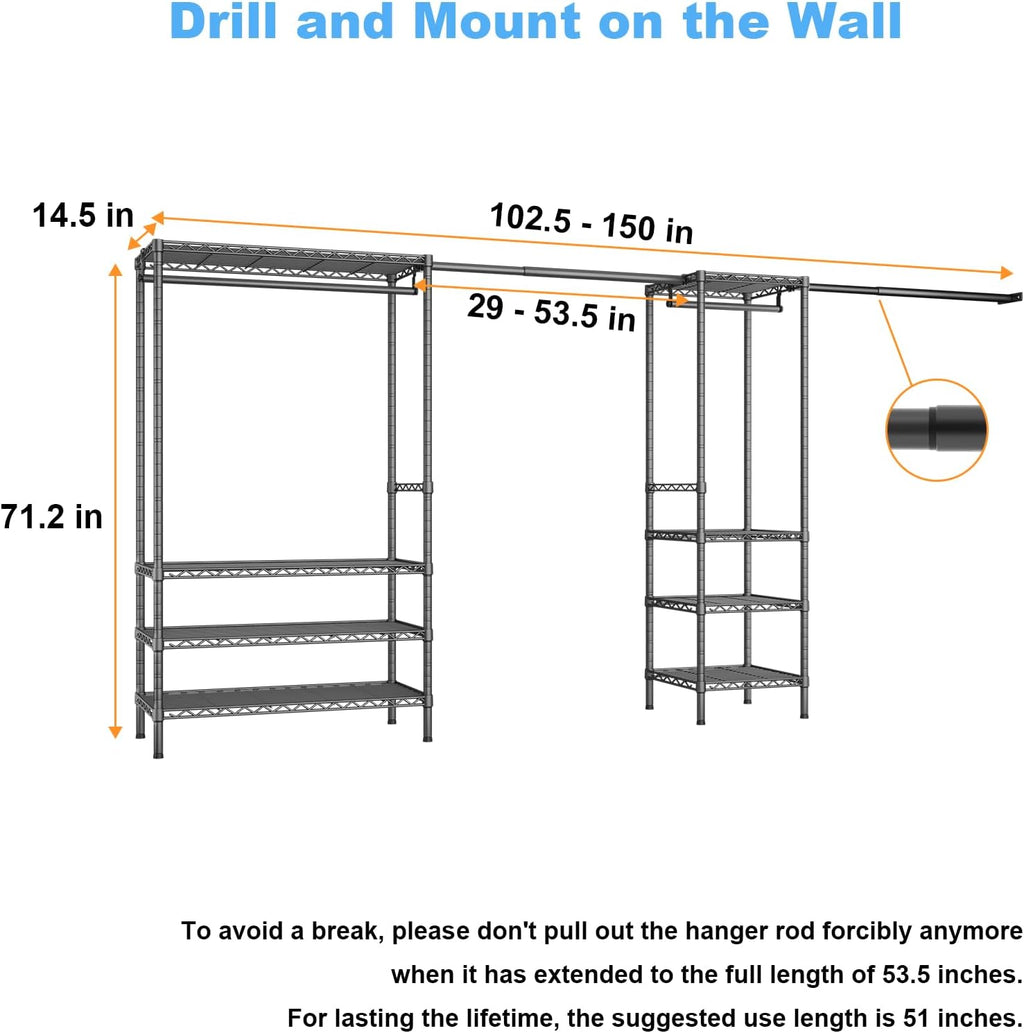 Ulif E11 Heavy-Duty Garment Rack, Metal Freestanding Clothes Rack and Closet Storage Organizer System with 8 Shelves and 4 Hanger Rods, (73.2-97.6)' W x 14.5' D x 71.2' H, Load 1034 LBS, Black