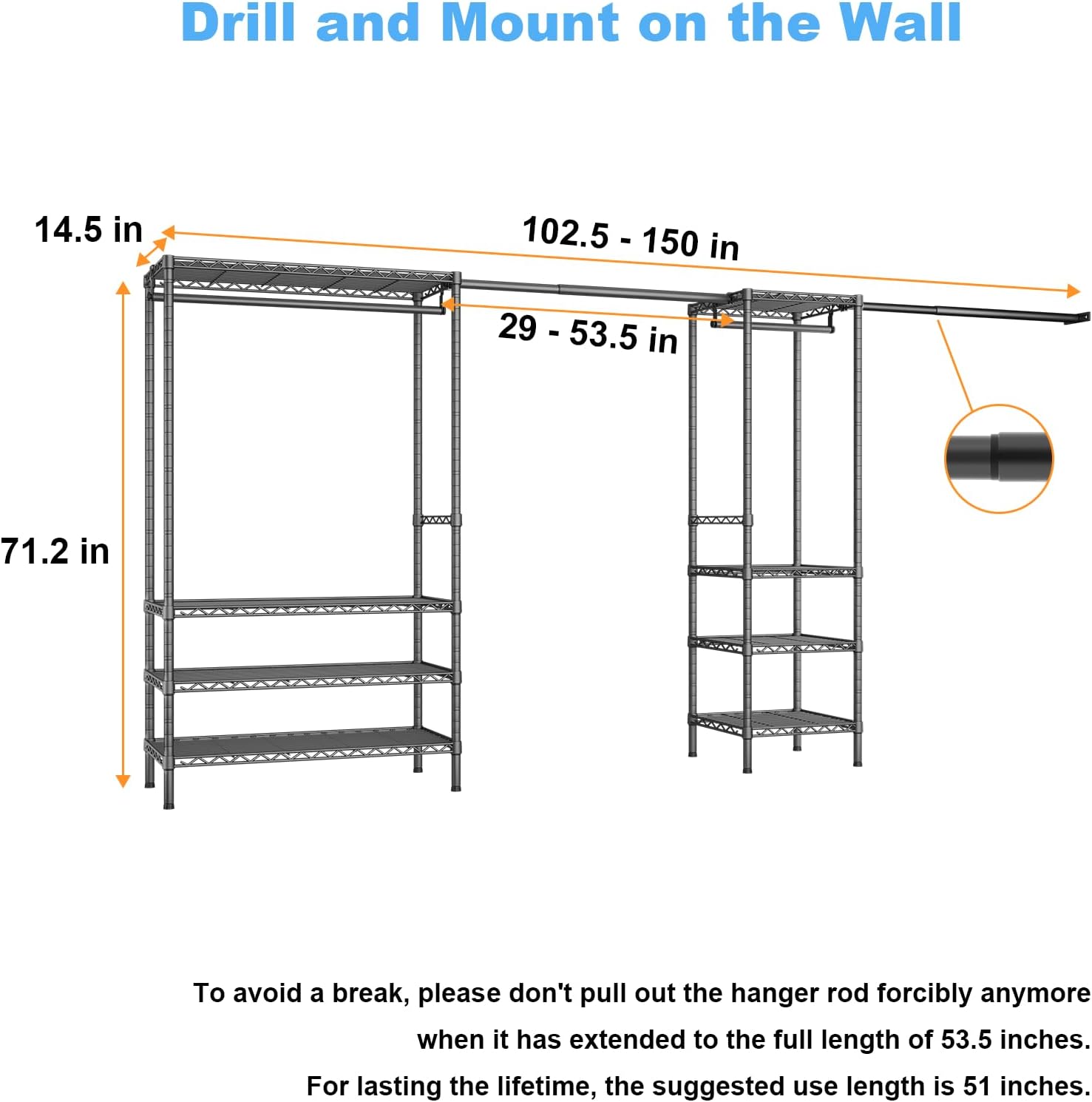 Ulif E11 Heavy-Duty Garment Rack, Metal Freestanding Clothes Rack and Closet Storage Organizer System with 8 Shelves and 4 Hanger Rods, (73.2-97.6)' W x 14.5' D x 71.2' H, Load 1034 LBS, Black
