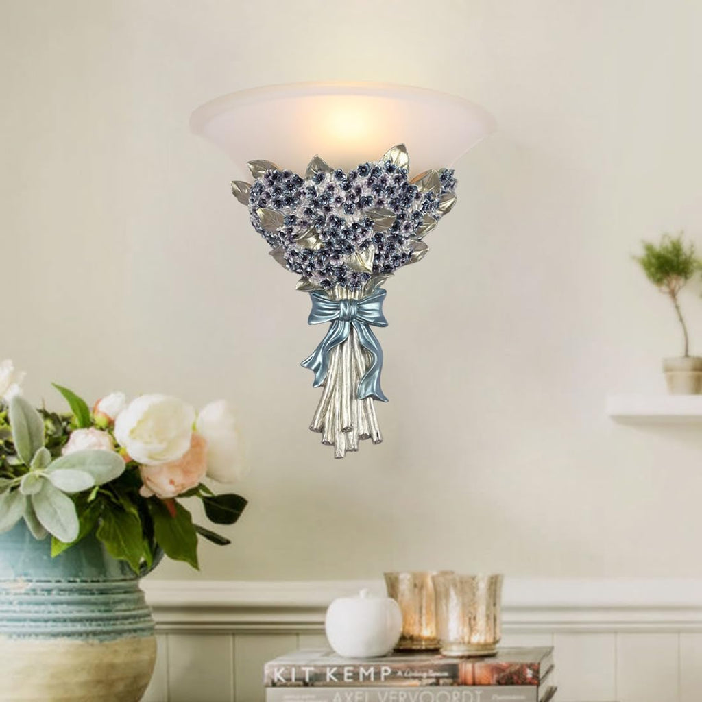 Unique Wall Sconce Flower Light Fixture Vintage Glass Wall Lights Blue Flowers Shape Modern Sconces Lamp Frosted White Glass Shade Gold Resin Sconce Fixtures for Hallway Living Room