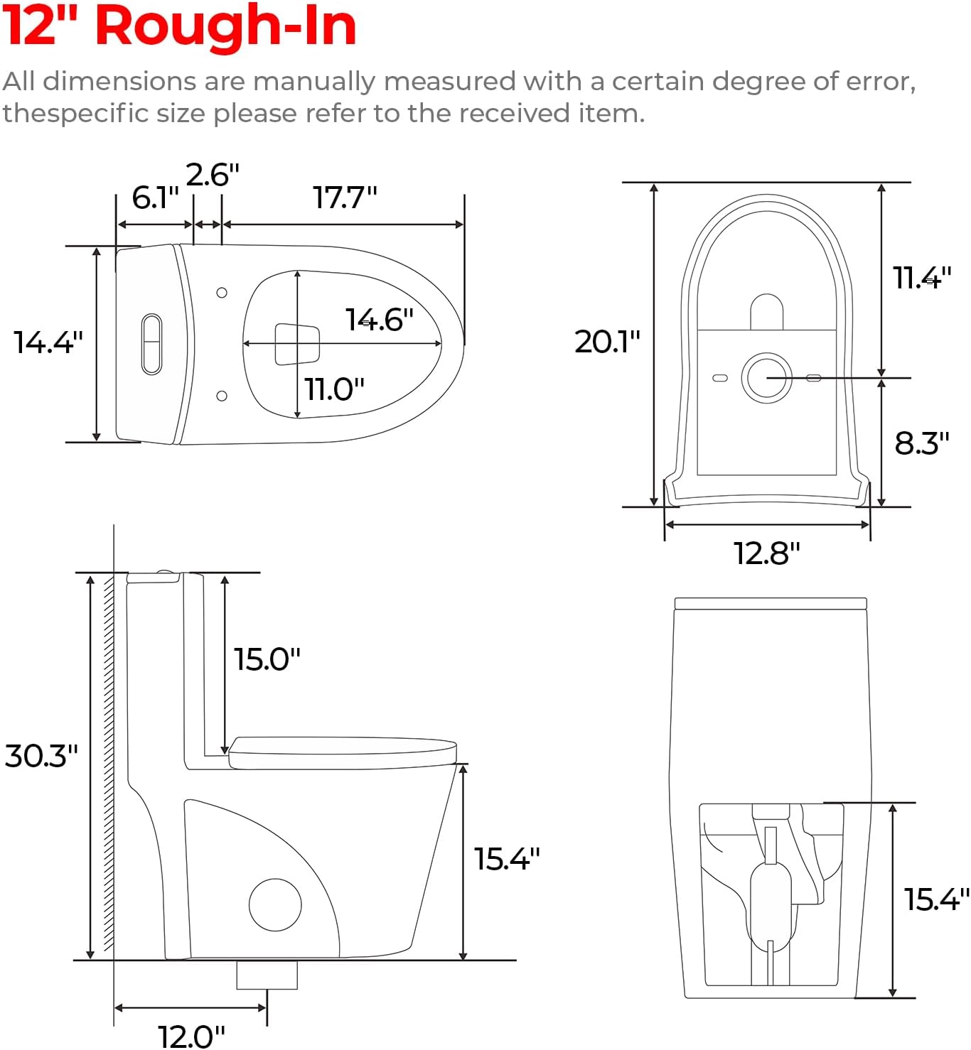 Standard One Piece Toilet with Powerful Flush, Dual Flush 0.87/1.45 GPF, Comfort Height Bathroom Toilet, Modern White Ceramic Commode with Soft-Close Seat and Lid, Easy-clean, 12' Rough-In