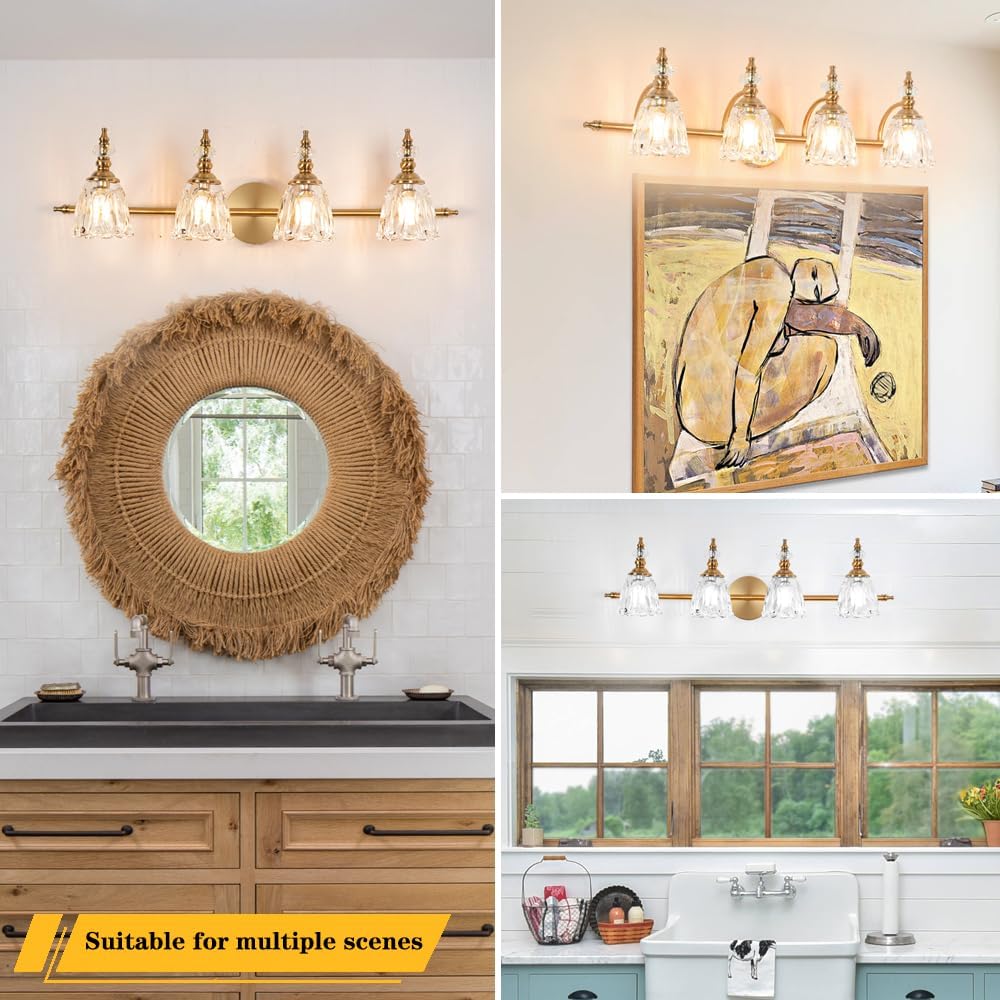 Brushed Antigue Brass Bathroom Light Fixtures 4 Lights, Antique Brass Vanity Light, Vanity Light Over Mirror, Vintage Bathroom Light with Clear Flower Glass, Lights for Wall Interior Hallway