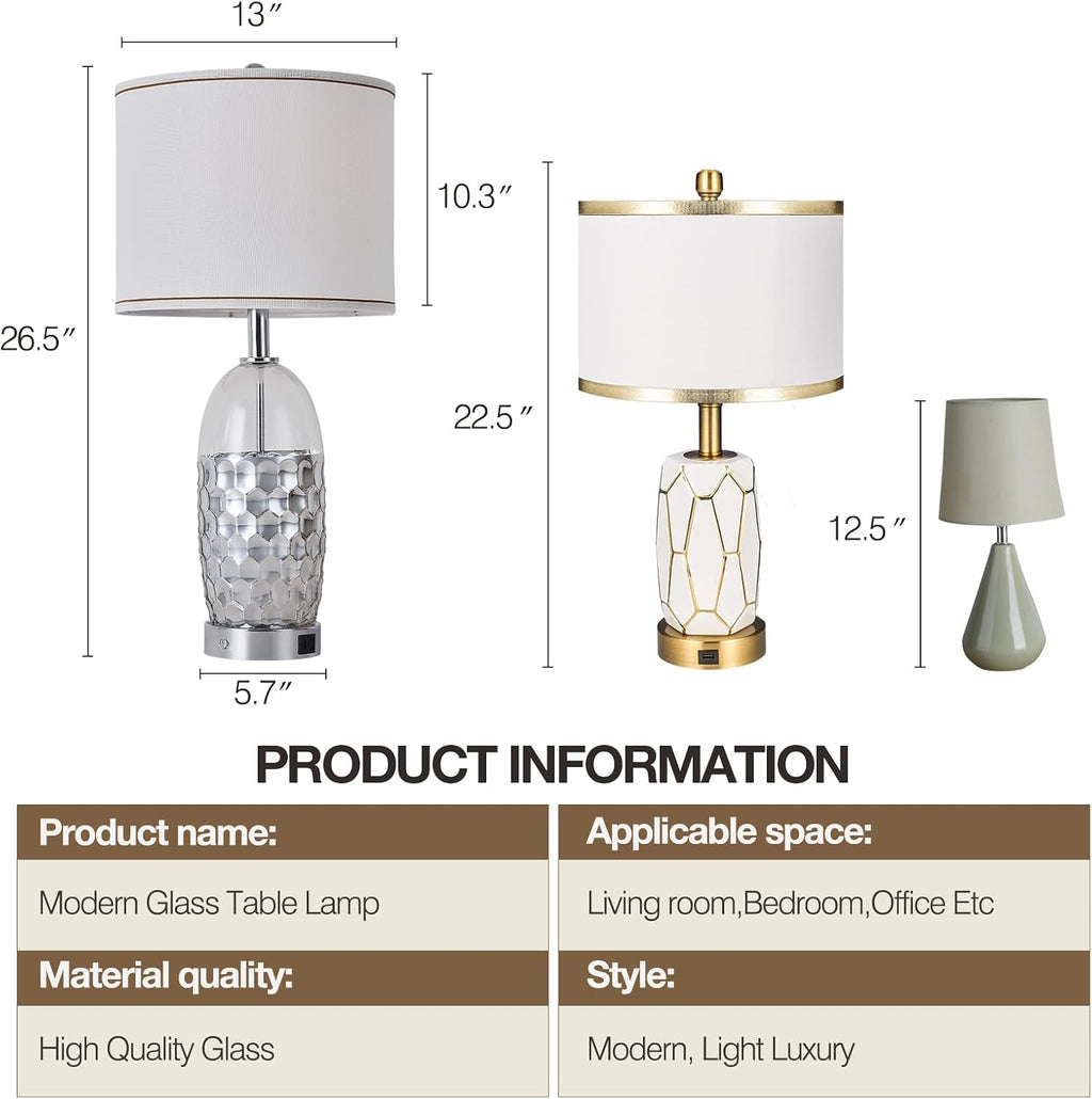 Modern Glass Table Lamps, 3-Way Dimmable Touch Control Bedroom Lamps for Nightstands，Bedside Lamps Set of 2 with USB A+C Ports,Living Room，Home，Office with Linen Shade (Bulbs Included)