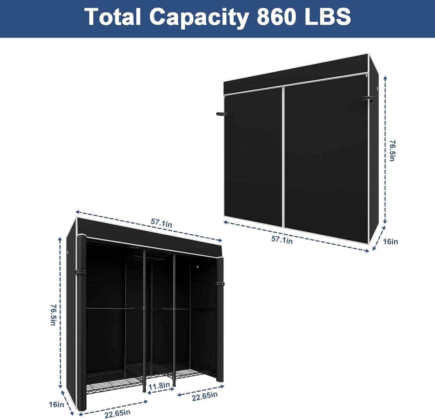 Ulif E12C Heavy Duty Closet Organizer System，Freestanding Clothing Rack, Adjustable Garment Rack 57.1' W x 16' D x 76.5' H Holds 860 lbs, Black Clothing Rack with Black Dustproof Cover