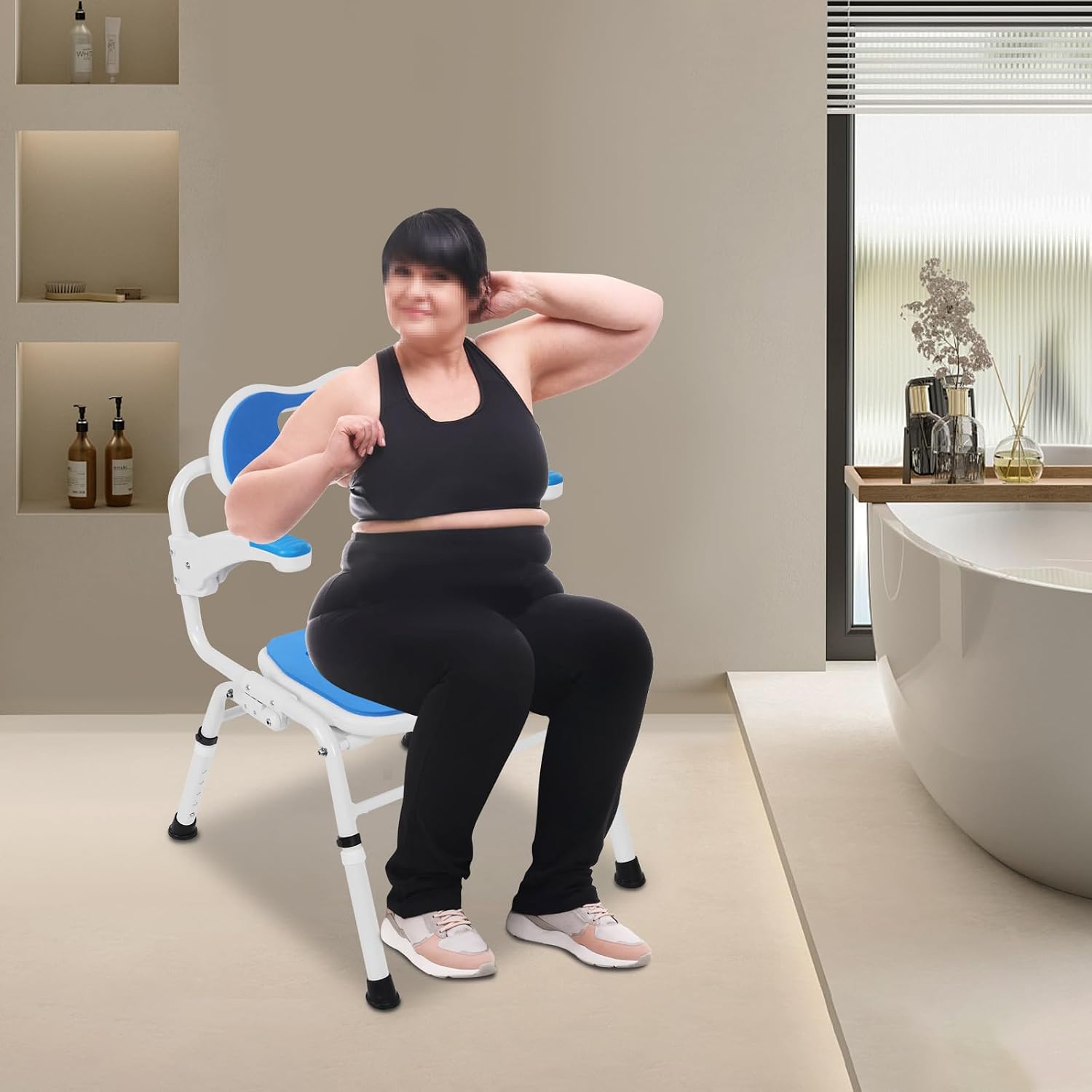 Folding Shower Chair with Armrests and Back, Grid Shower Folding Toilet Seat Adjustable Height Bathroom Wheelchair for Elderly Pregnant and Disabled