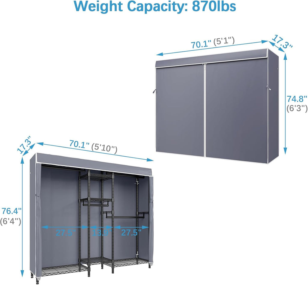 VIPEK Classic V6C Heavy Duty Covered Clothes Rack Portable Wardrobe Closet, 5 Tiers Wire Garment Rack Black Metal Clothing Rack with Grey Oxford Cover, 70.1' L x 17.3' W x 76.4' H, Max Load 870 LBS