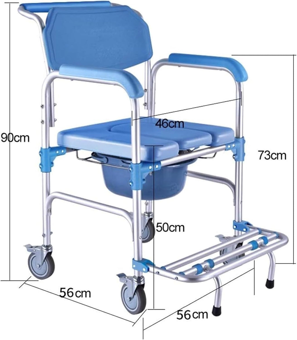 Toilet Chair Shower Chair Bariatric Toilet Seat Folding Mobile Wheelchair with Non-Slip Handles and Bucket Footrests for Seniors Bathroom Safety