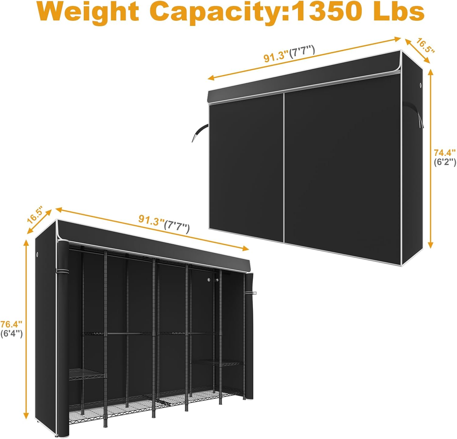ULIFHOME H50C Extra Large Clothes Rack with Cover, Freestanding Portable Closet, Covered Clothing Racks for Hanging Clothes, Heavy Duty Garment Rack, Wardrobe Closet with Black Cover Max Load 1350 Lbs
