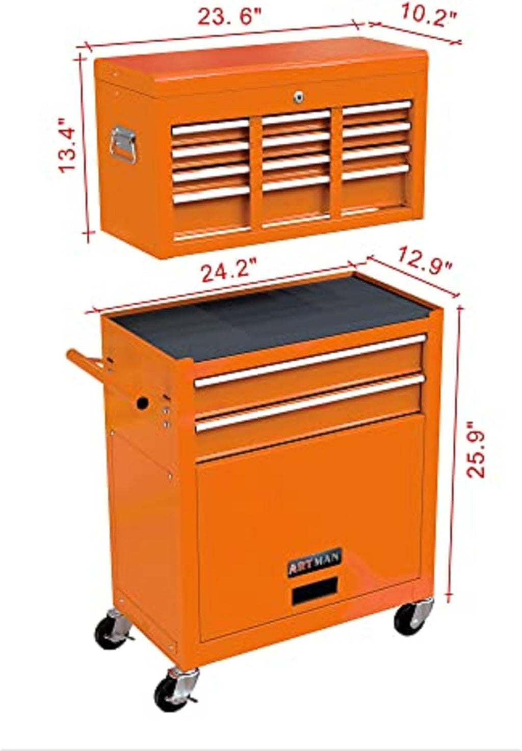 Campfun Rolling Tool Chest with Wheels, 8-Drawer Tool Box Organizer Tool Cabinet, Detachable Large Tool Cabinet with Lock, Mechanic Tool Cart High Capacity Tool Storage Cabinet, Orange