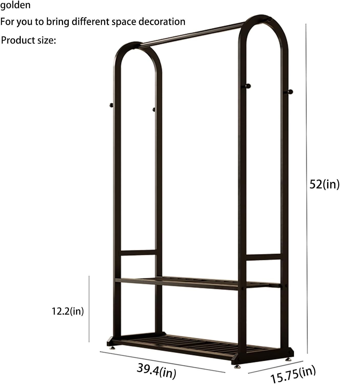 Sturdy metal clothes rack,Black freestanding clothing rack with bottom shelves and 6 side hooks,garment rack for hanging clothes,Modern wardrobe rack for Bedroom or cloakrooms
