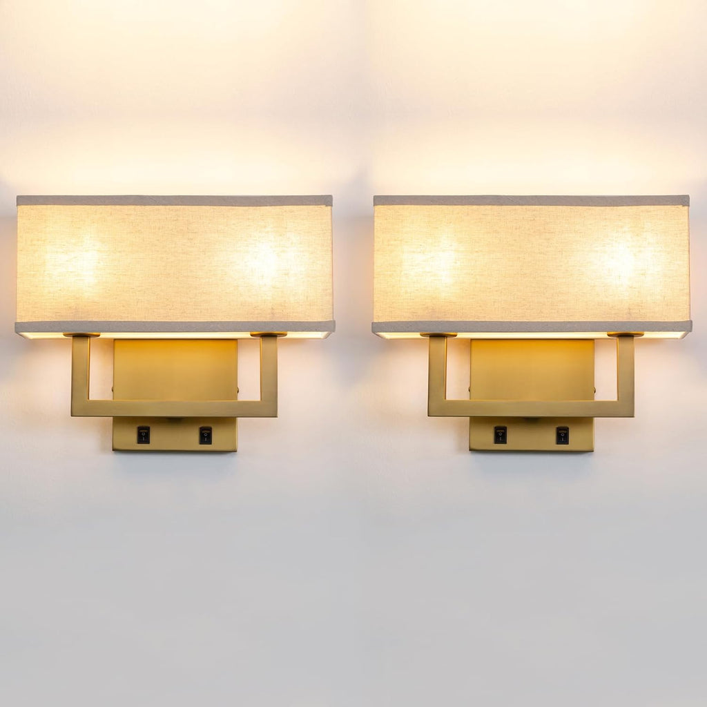 Yosoan Set of 2 Linen Fabric Boho Wall Sconce Bedside Light with On Off Switch, 2-Light Brass Hardwired Vintage Industrial Dual Wall Mount Lamp Square Shade for Bedroom Living Room Stairwell(Antique)