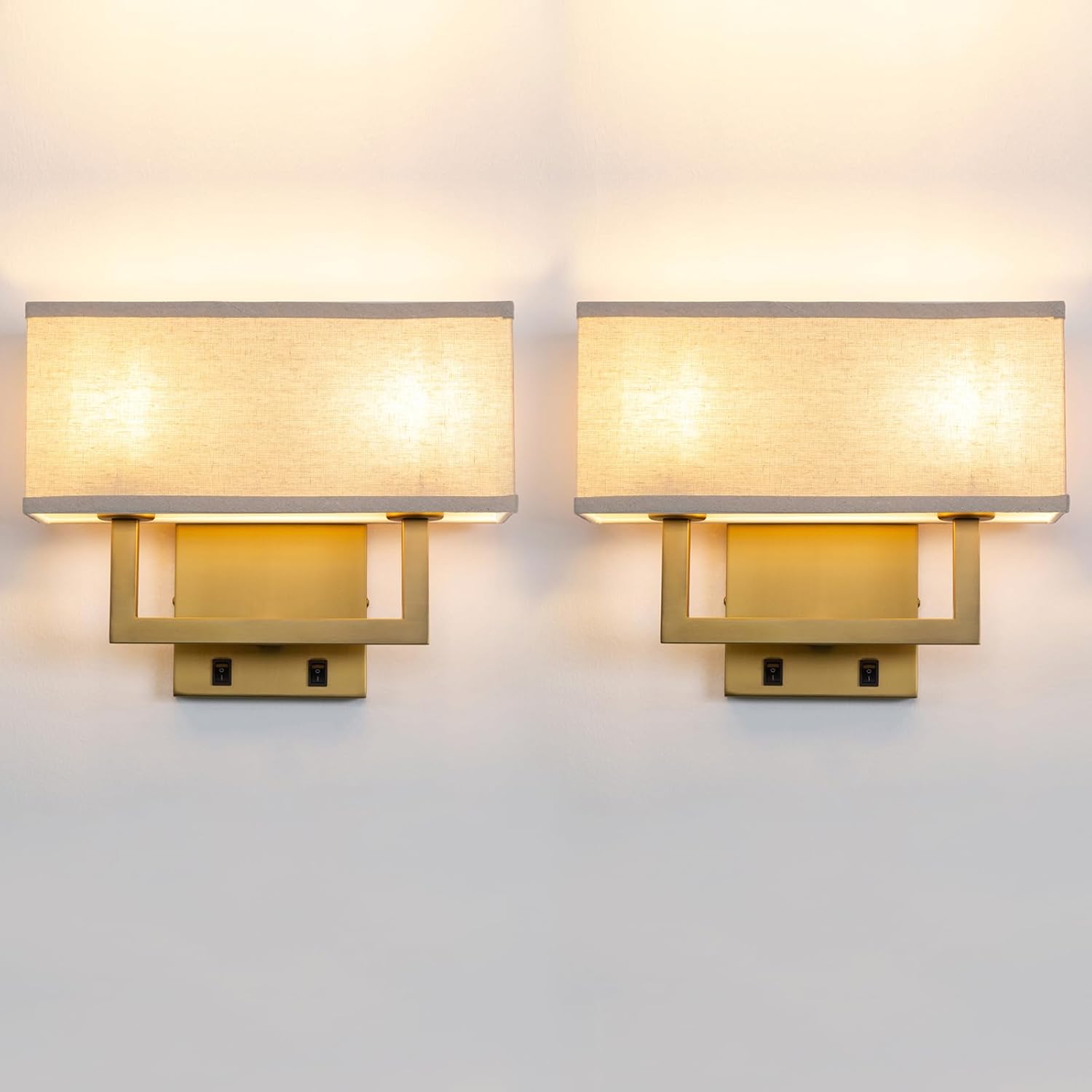 Yosoan Set of 2 Linen Fabric Boho Wall Sconce Bedside Light with On Off Switch, 2-Light Brass Hardwired Vintage Industrial Dual Wall Mount Lamp Square Shade for Bedroom Living Room Stairwell(Antique)