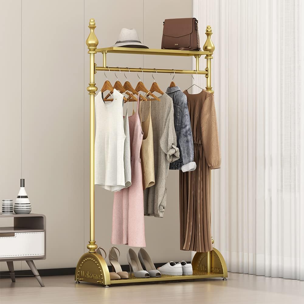 Clothing Rack Gold, Industrial Clothes Rack for hanging Clothes with Double Shelves Freestanding Multi-functional Heavy Duty Garment Rack, Metal Movable Coat Rack for Organizing Clothes Shoes