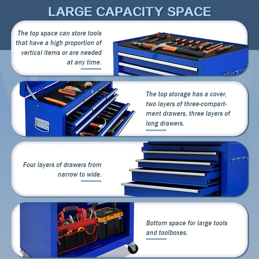 13-Drawer Rolling Tool Chest, 2-in-1 Heavy Duty Detachable Storage Cabinet with Lockable Wheels & Removable Top Box, 600 lbs Capacity for Mechanics, Garage Workshop (Blue)