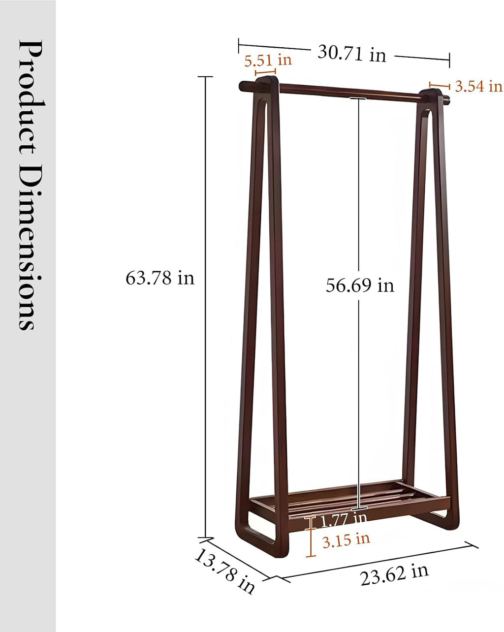Solid Wood Clothing Rack with Shelf, Freestanding Garment Rack with Hooks, Rubberwood Clothes Organizer for Bedroom Entryway, Minimalist Wooden Clothes Stand (Walnut, 23.62 inches)