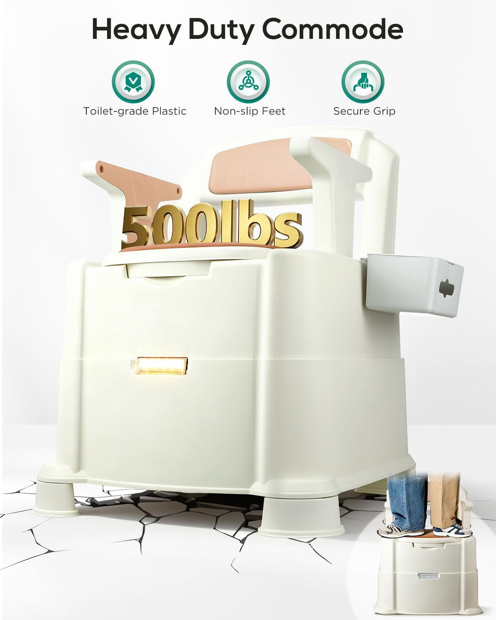500 Lbs Heavy Duty Bedside Commode, 3-in-1 Portable Potty Chair for Elderly & Adults, Night Toilet with Motion Light, PU Padded Sofa Chair, 2 Heights, Buckets & Tissue Box