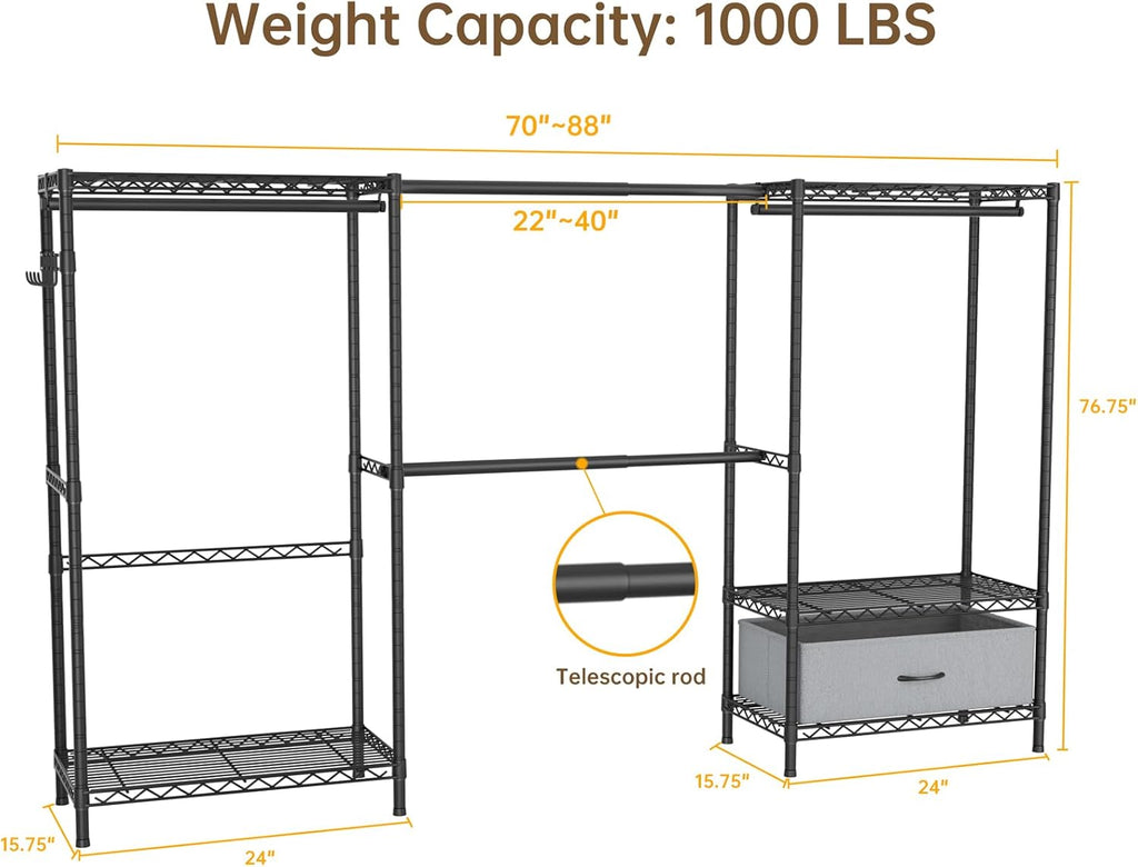 Golpart Coat Rack Clothes Wardrobe：Closet Organizer and Storage Clothing Garment Rack with Shelves Heavy Duty for Hanging Clothes Portable Adjustable Black 15.8' DX(70-88)' WX76.5 H