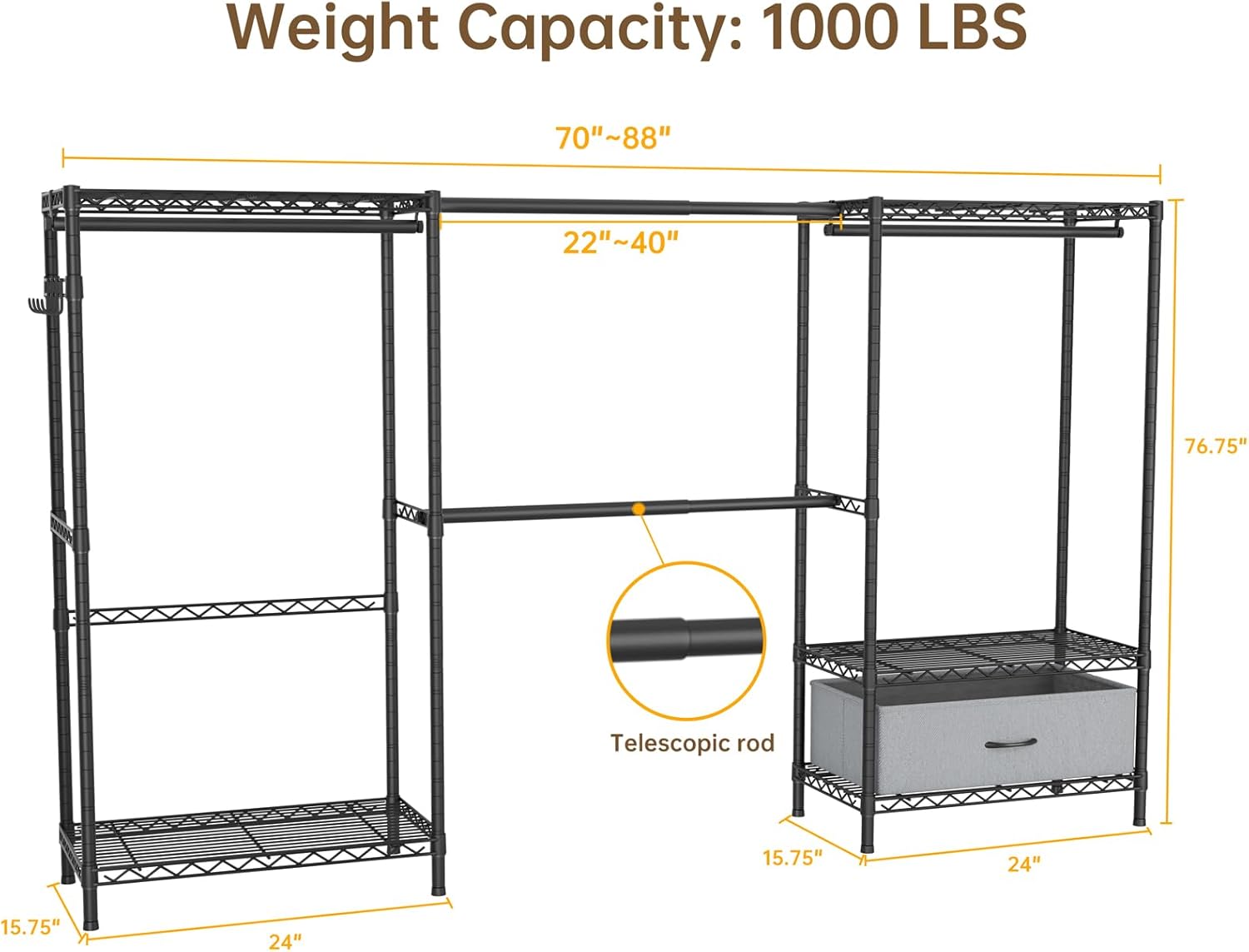 Golpart Coat Rack Clothes Wardrobe：Closet Organizer and Storage Clothing Garment Rack with Shelves Heavy Duty for Hanging Clothes Portable Adjustable Black 15.8' DX(70-88)' WX76.5 H