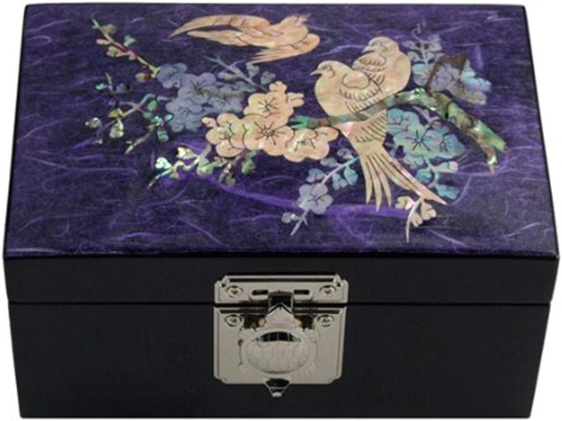 Antique Alive Mother of Pearl Inlay Design Jewelry Box, Wood Jewelry Box, Trinket Case, Keepsake Treasure Chest Box Organizer Holder (Bird Purple)